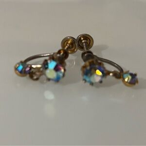 Unique Vintage Iridescent Aurora borealis stones Blue and Gold Earrings